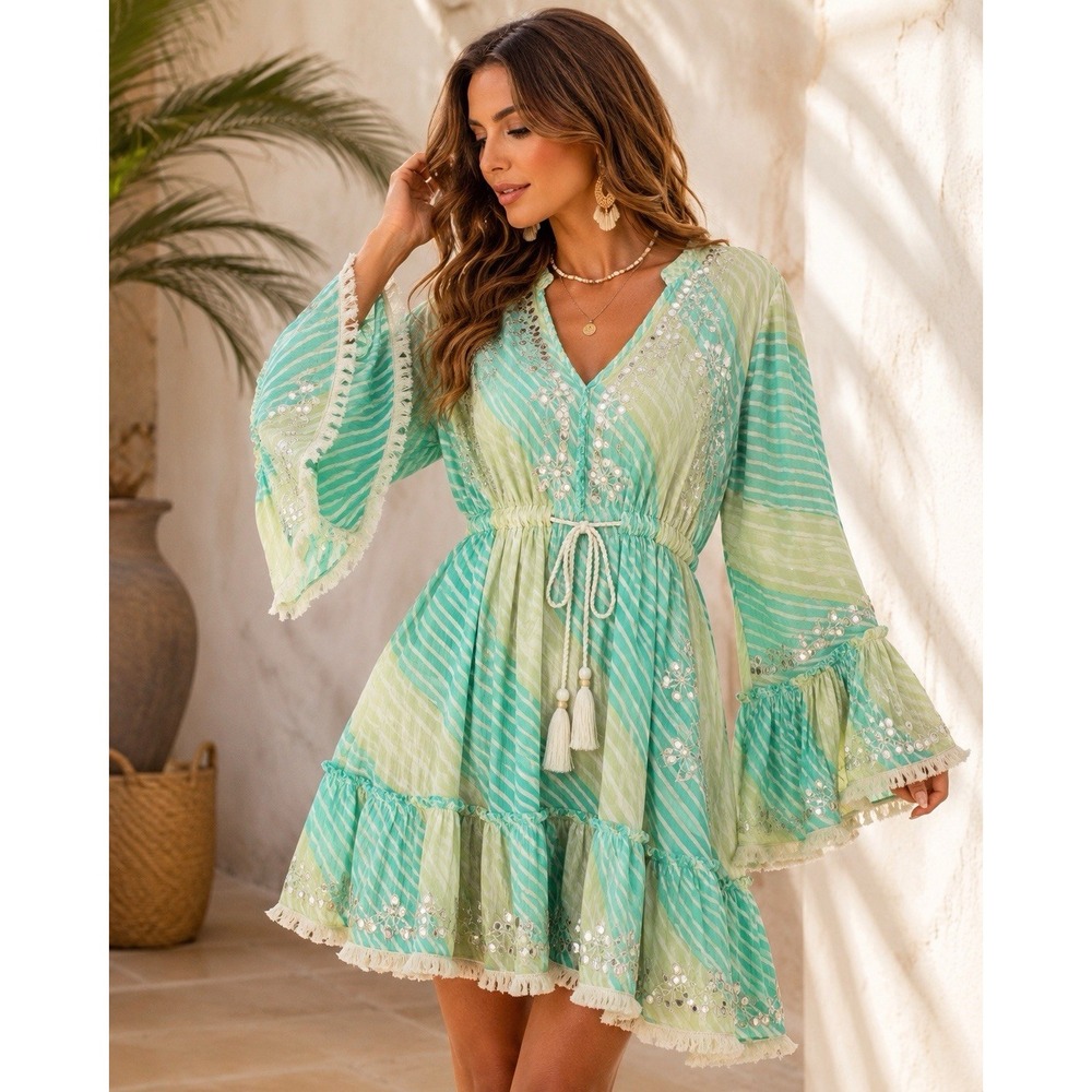 Zury Embellished Boho Tunic Dress Free Size Aqua Mint 100% Viscose India Beach